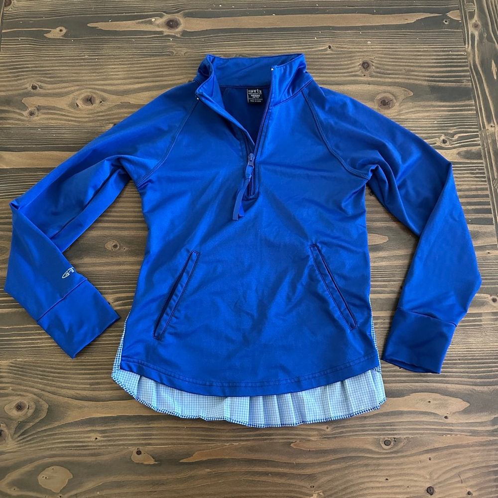 Girls Garb Blue Quarter Zip Long Sleeve Top M Preppy Pleated Gingham Hem Golf